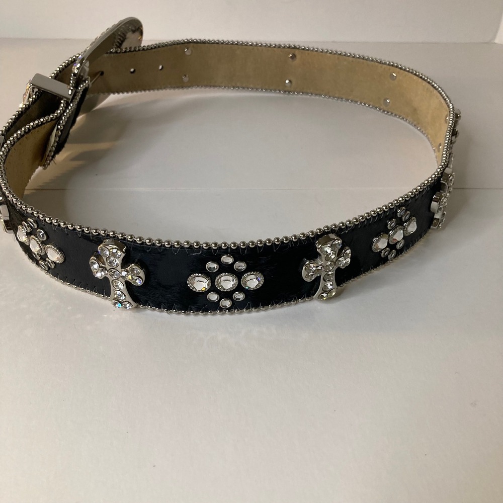 Vintage 1849 Authentic Ranchwear Rhinestone Cross Calfhair Belt 34-L Black 1.5"W - Picture 10 of 12